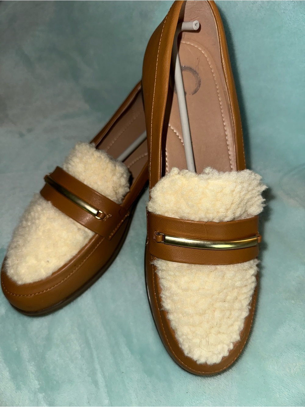 Journee Collection Tan Loafers with Cream Faux-Shearling and Gold Accent Bar